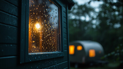 Raindrops on window with warm light glowing inside cabin