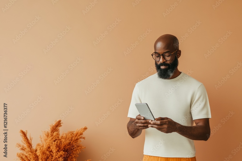 Poster smart home minimalism middle-aged black man using smartphone to control robot vacuum in modern decor