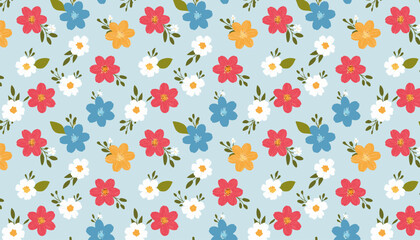 Seamless pattern with colorful flowers on blue background. Vector illustration.