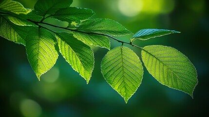 Sunlit Leaves on Branch in Forest with Bokeh Background