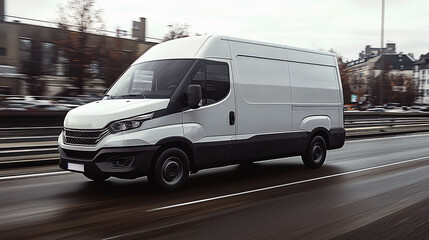 Obraz premium White Delivery Van Speeding on City Road: Urban Transportation and Logistics