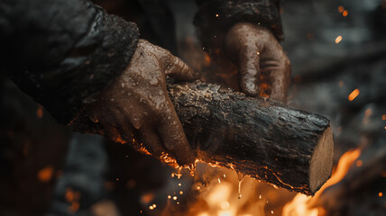 person adding fresh log to warm fire, creating cozy atmosphere