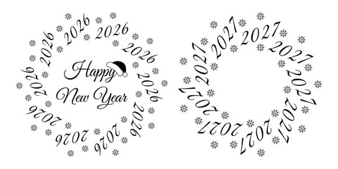 Happy New Year 2026 and 2027 Circle Frames lettering, snowflakes and Copy space Template idea Set 2