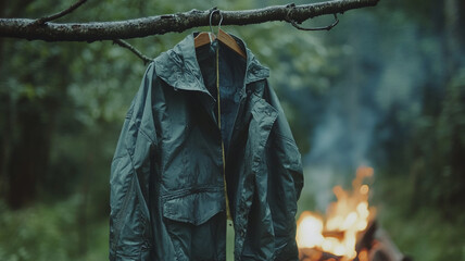 rain soaked jacket hanging on branch near campfire in nature