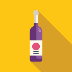 Minimalist flat design illustration featuring a purple wine bottle with a unique label, casting a long shadow against a vibrant yellow backdrop