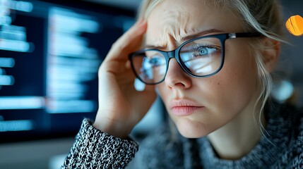 Woman programmer stressed, late night coding, office background, website development