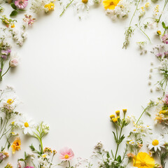 Obraz premium A decorative frame made entirely of colorful flowers, featuring intricate details and a variety of blooms. Perfect for invitations, posters, or decorative designs, set against a neutral background