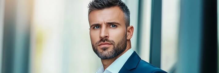 Confident Businessman Portrait - A serious and handsome businessman in a suit looks directly at the camera.  Perfect for corporate or finance themes.