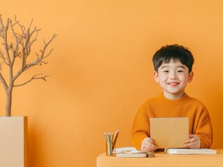 Warm Minimalist Study Space Asian Child with Tablet at Modern Wooden Desk - Home Education Tools and Remote Learning for Innovative Study Environments