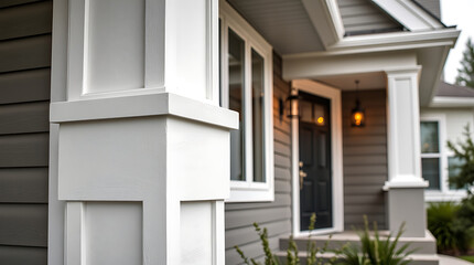 Elegant Home Exterior: Modern House Design with White Columns and Grey Siding. Discover the perfect blend of classic and contemporary architecture in this stunning residential property.