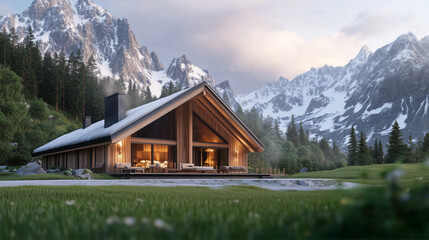 Fototapeta premium A beautiful modern cabin surrounded by lush mountains and nature.