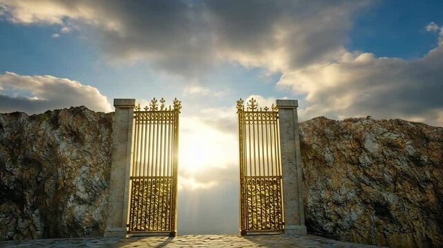An open golden door to the Kingdom of Heaven, overlooking the sky and paradise