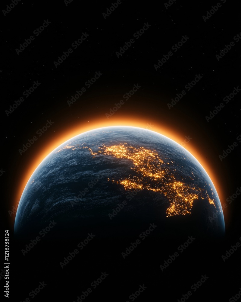 Aufkleber Futuristic Global Connectivity Illuminated Earth with City Lights and Sunrise for Tech Visuals - Enhanced Networking and Exploration in Digital Marketing Applications