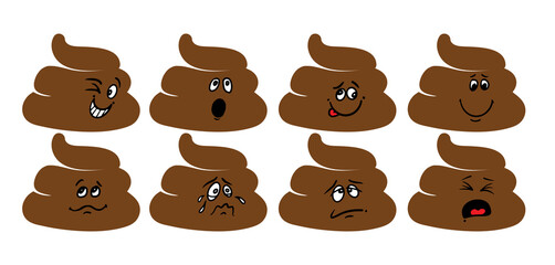 Poop characters icons set with various facial expressions, including happy, sad, surprised, and mischievous, in a playful, humorous style for print, brochures, poster, sticker, social apps.