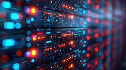 Abstract representation of a high-tech data center with glowing circuits and lights