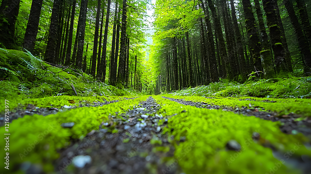 Poster A tranquil forest path lined with vibrant green moss and tall trees, creating a serene and inviting atmosphere