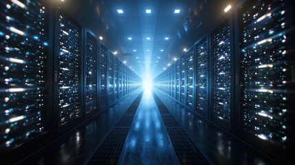 Futuristic data center corridor illuminated by bright light, showcasing advanced technology and servers