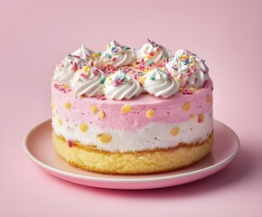 Realistic photograph birthday cake education card for kids with a single pink background. Perfect for advertising.