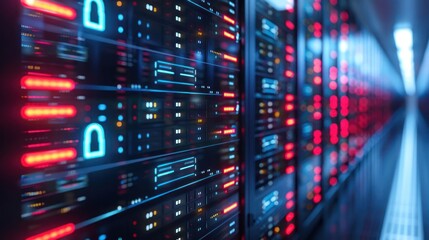 High-tech server room with illuminated racks, showcasing advanced data processing technology