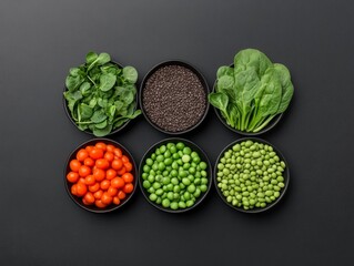 Modern Culinary Art Vibrant Fresh Produce on Matte Black - Green Superfoods and Seeds for Health Industry and Clean Eating Promotions