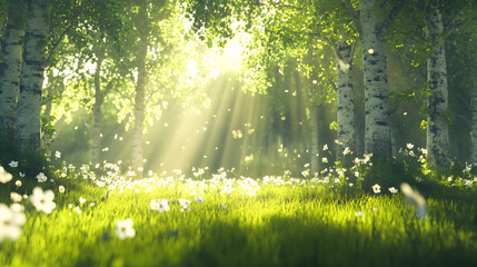 Obraz premium A serene forest scene with sunlight filtering through trees, illuminating lush green grass and white flowers in a peaceful, natural setting