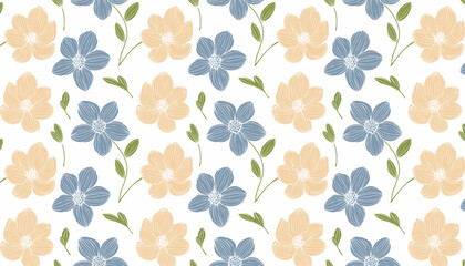 Seamless pattern with blue flowers on white background. Vector illustration.