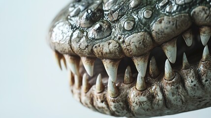 Obraz premium A close-up of the head and jaw of an alligator, focusing on its teeth and scales, against a white background. 