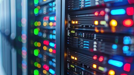 Naklejka premium Colorful server racks illuminated by LED lights in a modern data center environment