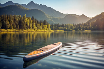 Obraz premium A paddleboard on a calm lake with blurred forest and reflections