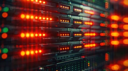 Naklejka premium Close-up view of illuminated server racks in a data center showcasing technology in action (1)