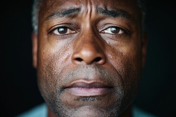 Fototapeta premium Vulnerable Portraiture Emotional Close-Up of Middle-Aged Black Man with Teary Eyes - Authentic Storytelling in Mental Health Campaigns and Public Safety Messaging