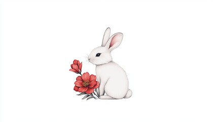 Obraz premium A serene white rabbit sitting beside vibrant red flowers against a plain background, symbolizing tranquility