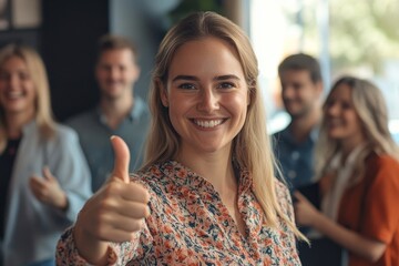 Businesswoman Gesturing Thumbs-Up Standing With Joyful Employees Team In Office, Generative AI