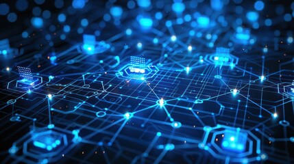 Abstract digital network with glowing blue connections and nodes on a dark background