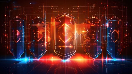 Obraz premium Futuristic digital interface showcasing glowing shields with intricate patterns and technology
