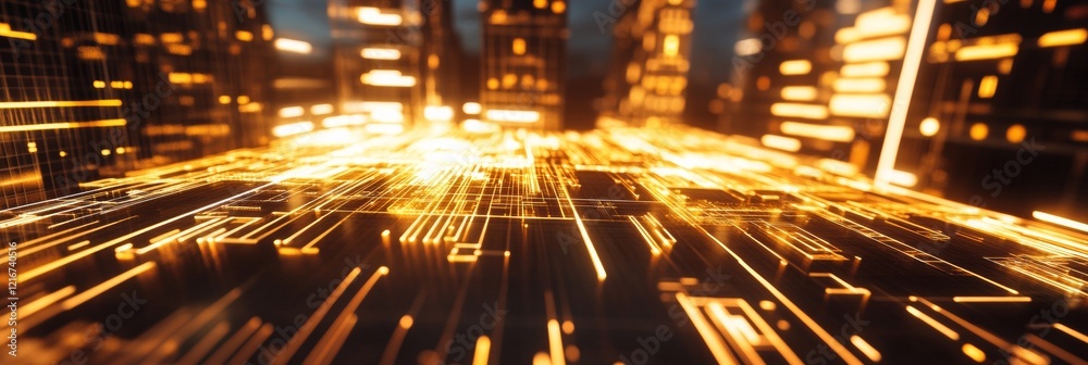 Poster neon cybernetic grid illuminated urban circuitry in golden hues - tech innovation content and futuri