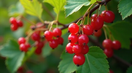 Obraz premium A vibrant cluster of ripe red berries hanging delicately from a lush green branch, showcasing the beauty of nature's bounty in the summer sun.