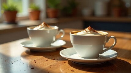 Fototapeta premium Two Cups of Coffee with Whipped Cream and Crumble Topping on Wooden Table in Sunlit Room