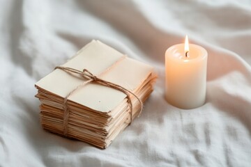 Vintage Nostalgia Decor Aged Letters Tied with Twine and Soft Candlelight on Linen - Home Ambiance Enhancements and Emotional Storytelling Displays