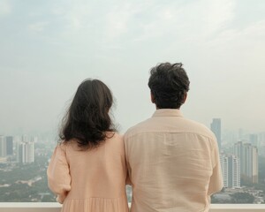 Urban Living Vision Indian Couple on Modern Balcony Overlooking Cityscape - Smart Home Integration and Real Estate Growth in Contemporary Housing Market