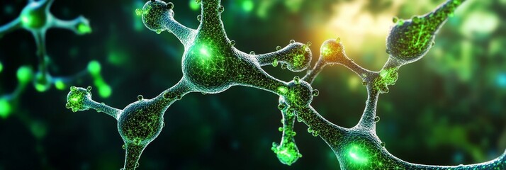 Intricate Network of Glowing Green Molecules - Microscopic view of a complex, glowing green molecular structure. Symbolizing connection, growth, energy, science, and life.