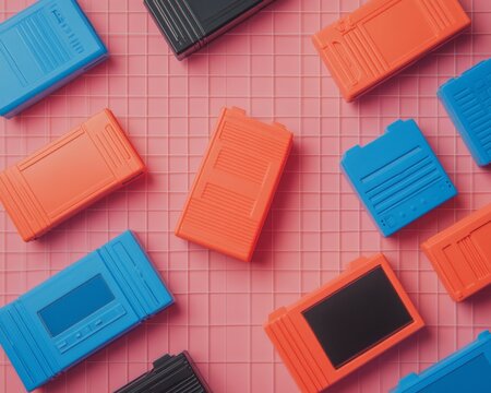 Retro Gaming Revival Neon-Lit Vintage Gaming Cartridges on Grid Background - Nostalgic Entertainment Design and Modern Marketing for Cultural Immersion and Tech Business Innovation