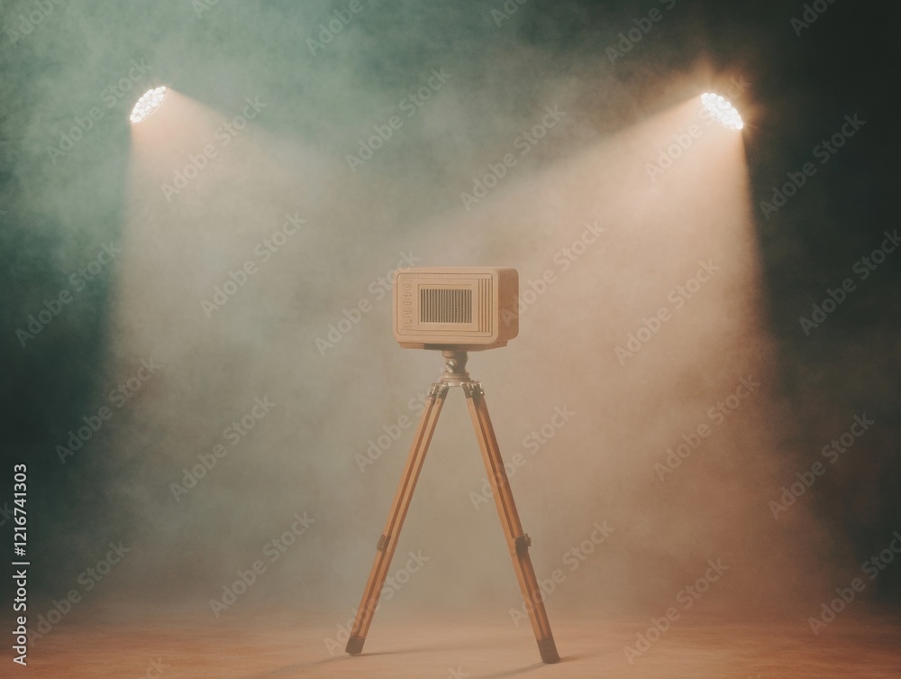 Aufkleber retro broadcast design 1950s television camera on wooden tripod in sepia studio - inspiring visual c