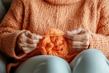 Cozy Knitting Session Elderly Latina Hands Crafting with Vibrant Yarn - Social Connection and Creative Content for Family Lifestyle Marketing