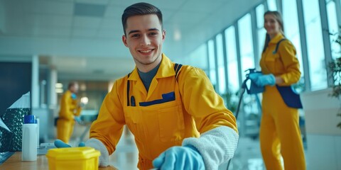 Caregiving team wearing yellow uniforms, emphasizing cleanliness and safety.