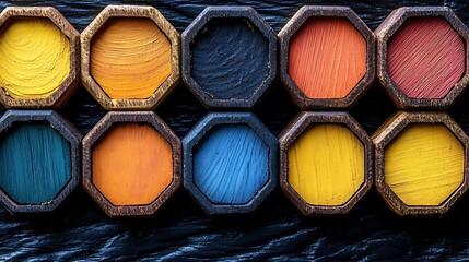 A radiant geometric pattern featuring hexagonal grids in vibrant orange, teal, magenta hues.