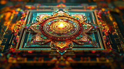 Obraz premium Intricate Buddhist mandala glowing with vibrant colors, symbolizing harmony, enlightenment, and the spiritual path