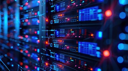 Naklejka premium High-tech data center with illuminated servers and vibrant network connections in action