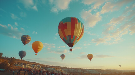 Fototapeta premium Colorful Hot Air Balloon Festival with Balloons Ascending and Crowd Watching