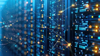 Obraz premium Data center with illuminated servers and digital connections showcasing technology advancement